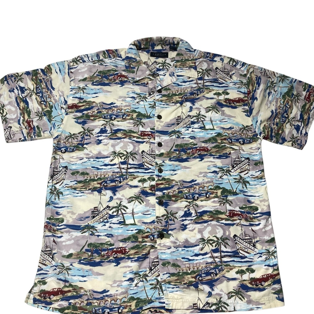 Cactus Black Label XL Shirt Palm Trees Boat Car Graphic Print Button Up Hawaiian